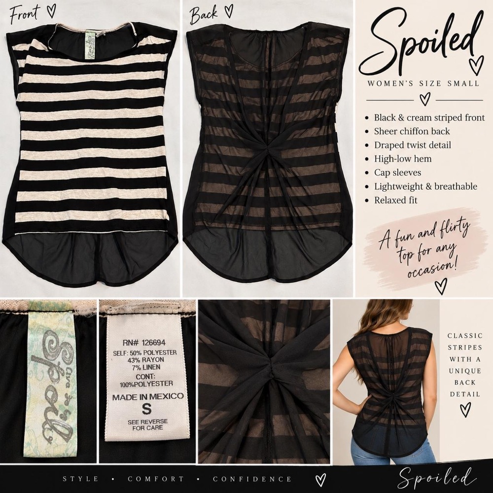 Live to be Spoiled Black & Cream Striped Sheer Back Top – Size Small